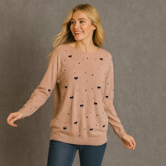 Pink Black Bow Beaded Sweater Women’s Large Preppy Soft Knit Pullover Coquette - Picture 1 of 7